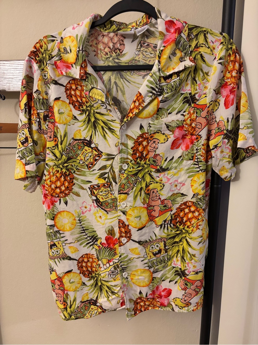 SpongeBob Squarepants Pineapple Hawaiian Button-Down Shirt - Yellow, Green, Pink